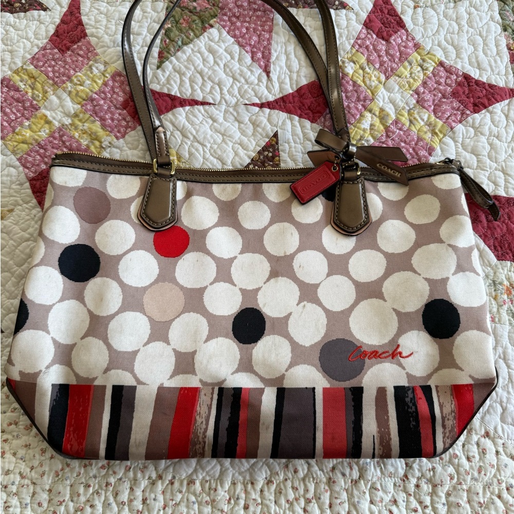 Coach Poppy Watercolor Polka Dot Tote Bag - Brown and Red